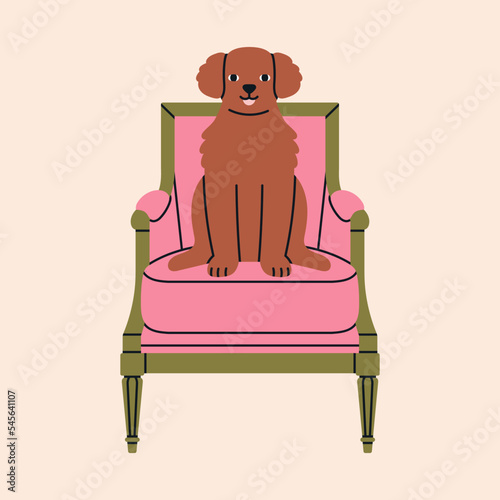 Poster with an antique vintage armchair and funny dog sitting on it. Luxury design for royal or museum interiors concept. Cute hand drawn vector illustration isolated on colorful background