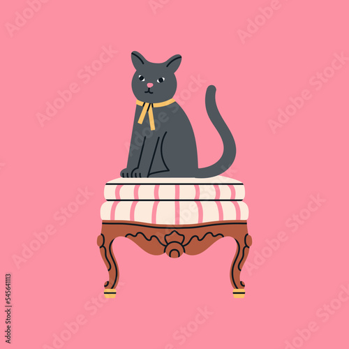 Poster with an antique vintage wooden pouf and funny cat sitting on it. Luxury design for royal or museum interiors concept. Cute  hand drawn vector illustration isolated on colorful background