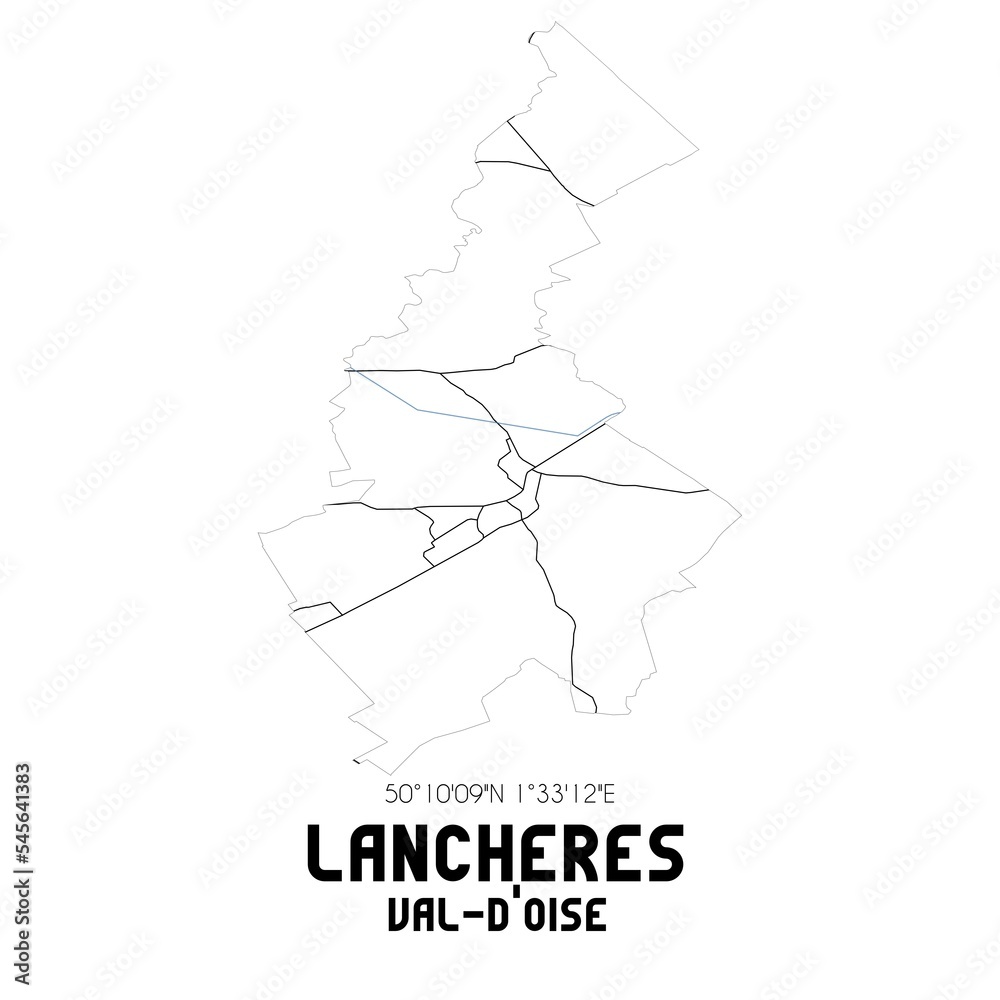LANCHERES Val-d'Oise. Minimalistic street map with black and white lines. LANCHERES Val-d'Oise. Minimalistic street map with black and white lines.