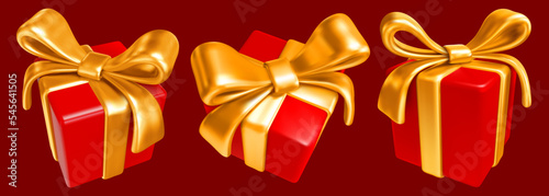 Set of festive red gift boxes with gorgeous golden bow, isolated on dark background. Vector realistic 3d illustration