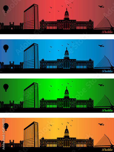 Dublin city in a four different colors - illustration, 
Town in colors background, 
City of Dublin