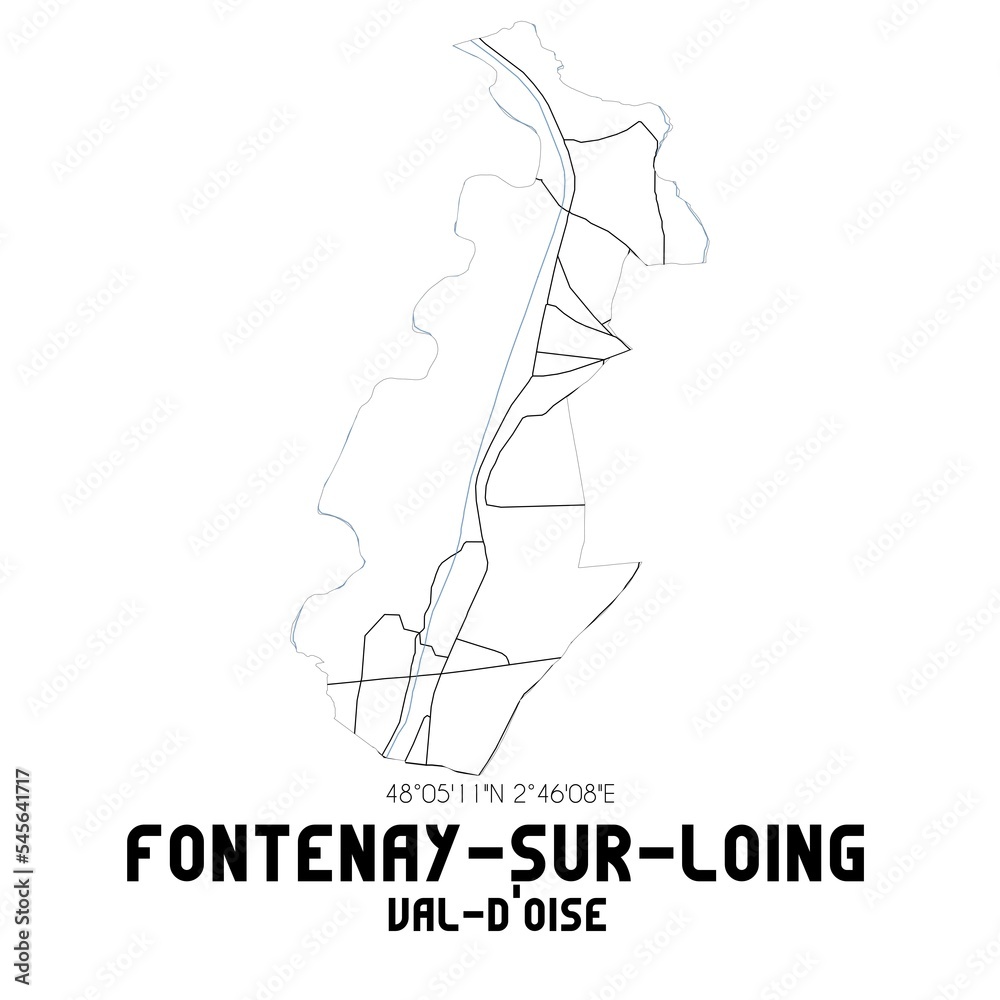 FONTENAY-SUR-LOING Val-d'Oise. Minimalistic street map with black and white lines.