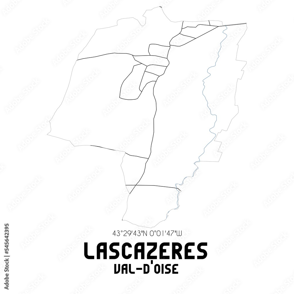 LASCAZERES Val-d'Oise. Minimalistic street map with black and white lines.