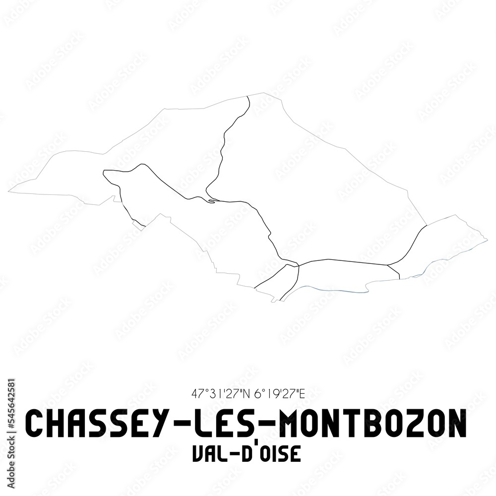 CHASSEY-LES-MONTBOZON Val-d'Oise. Minimalistic street map with black and white lines.