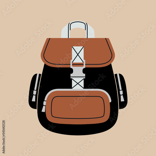 Poster with illustration of a backpack. Ideal for everyday life, street style. For study or traveling. Fashion and lifestyle. Hand drawn vector illustration isolated on beige background.