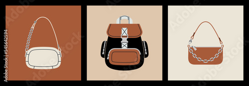 Posters set with stylish handbags and a backpack. Shoulder and crossbody bags, leather and textile. Fashion and lifestyle. Hand drawn colorful vector illustrations. Trendy shapes and colors.
