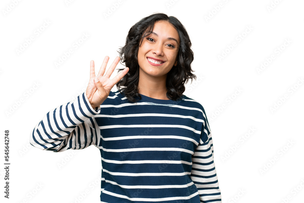 Young Argentinian woman over isolated background happy and counting four with fingers