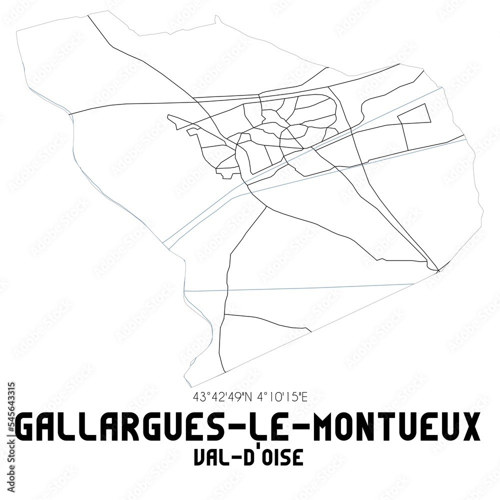 GALLARGUES-LE-MONTUEUX Val-d'Oise. Minimalistic street map with black and white lines.