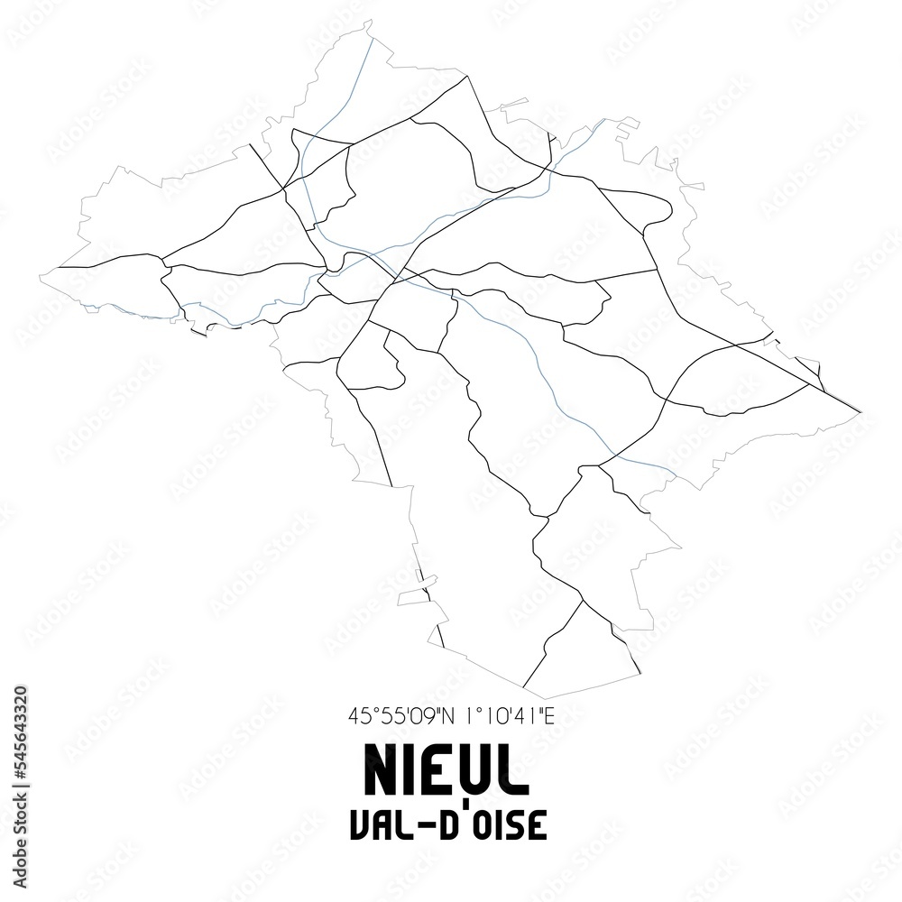 NIEUL Val-d'Oise. Minimalistic street map with black and white lines. NIEUL Val-d'Oise. Minimalistic street map with black and white lines.