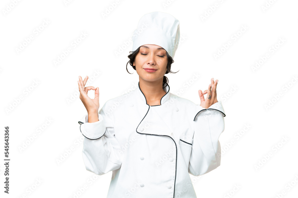 Young chef Argentinian woman over isolated background in zen pose Young chef Argentinian woman over isolated background in zen pose