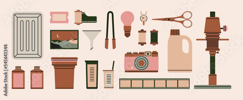 Set with various tools for film development: enlarger, red safelight, tongs, funnel, film reel, camera, chemicals etc. Dark room supplies. Hand drawn vector illustration. Retro photo printing concept