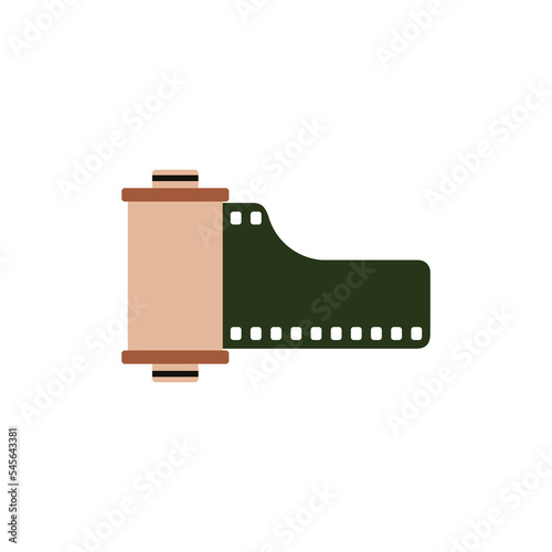 Poster with a film reel. Dark room supplies. Retro photo shooting and printing concept. Art and hobbies. Hand drawn vector illustration isolated on white background.