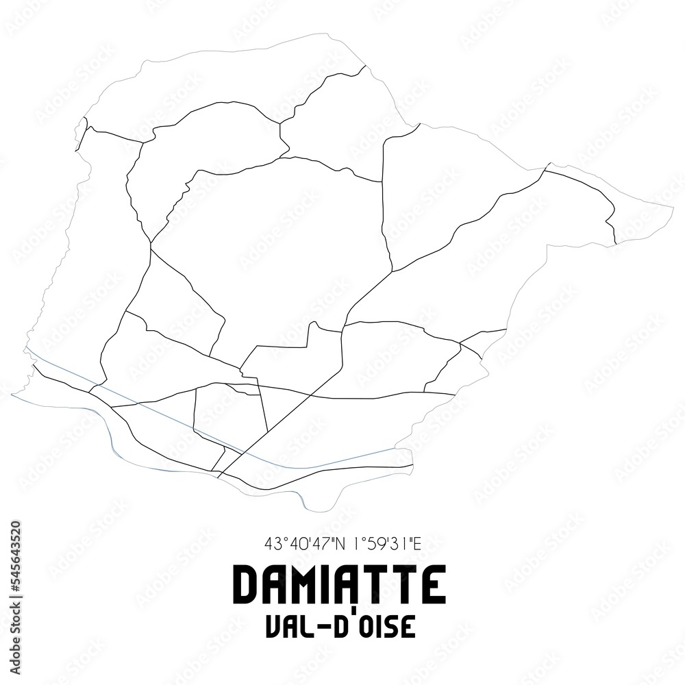 DAMIATTE Val-d'Oise. Minimalistic street map with black and white lines.