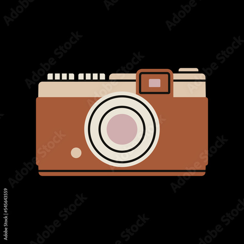 Poster with a vintage film camera. Dark room supplies. Retro photo shooting and printing concept. Art and hobbies. Hand drawn vector illustration isolated on colorful background.