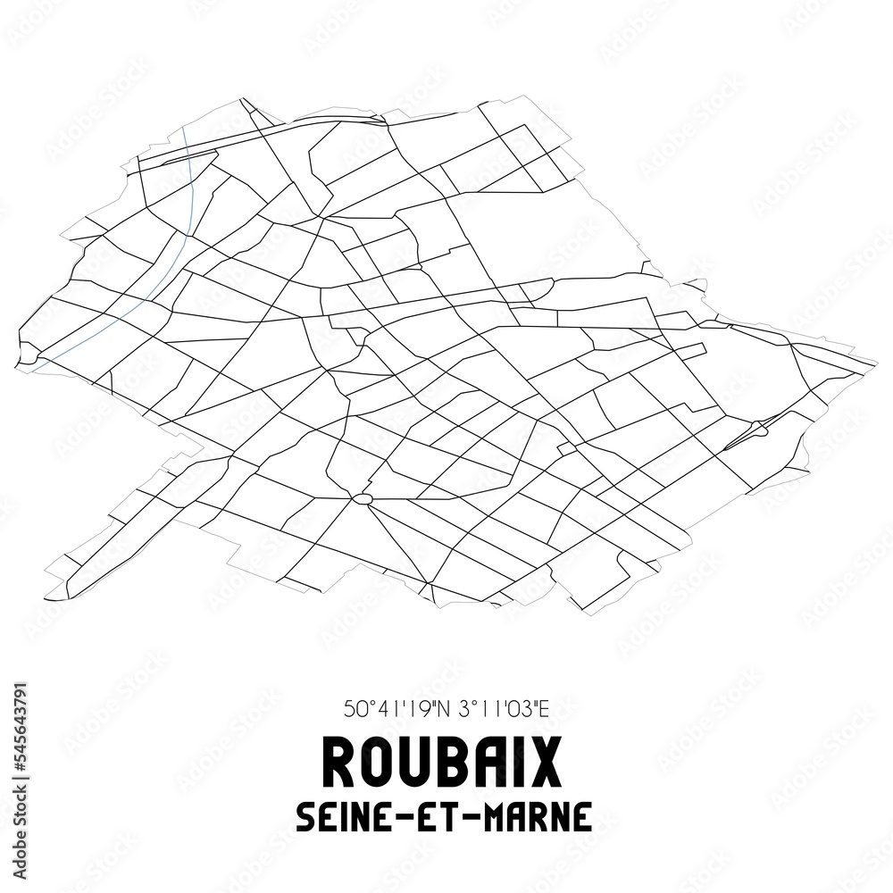 ROUBAIX Seine-et-Marne. Minimalistic street map with black and white lines.