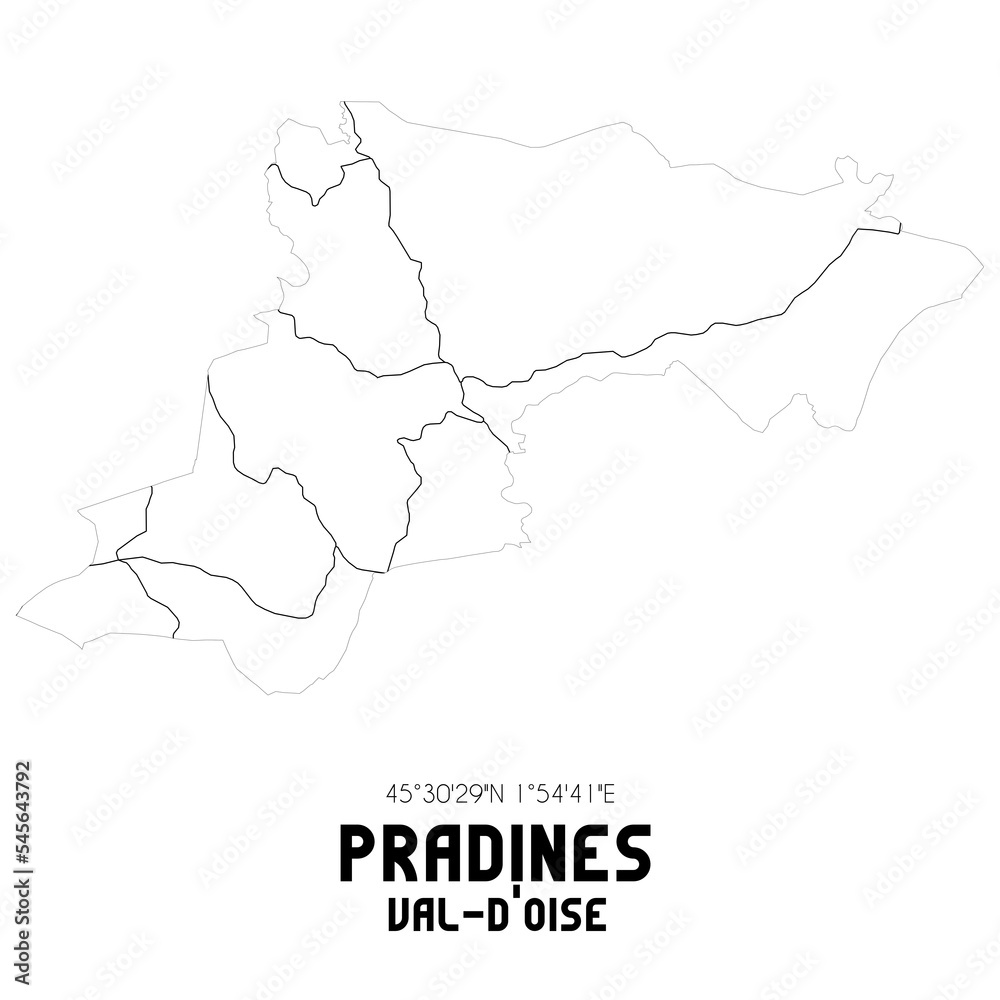 PRADINES Val-d'Oise. Minimalistic street map with black and white lines.