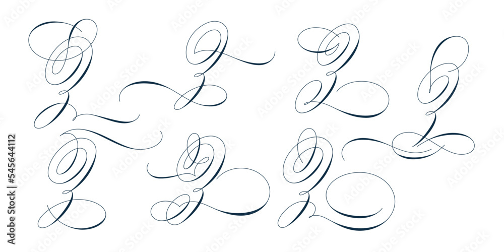 Set of beautiful calligraphic flourishes on capital letter Z isolated on white background for decorating text and calligraphy on postcards or greetings cards. Vector illustration.