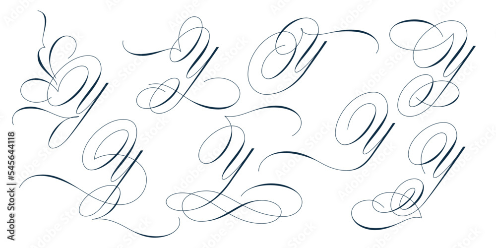 Set of beautiful calligraphic flourishes on capital letter Y isolated on white background for decorating text and calligraphy on postcards or greetings cards. Vector illustration.