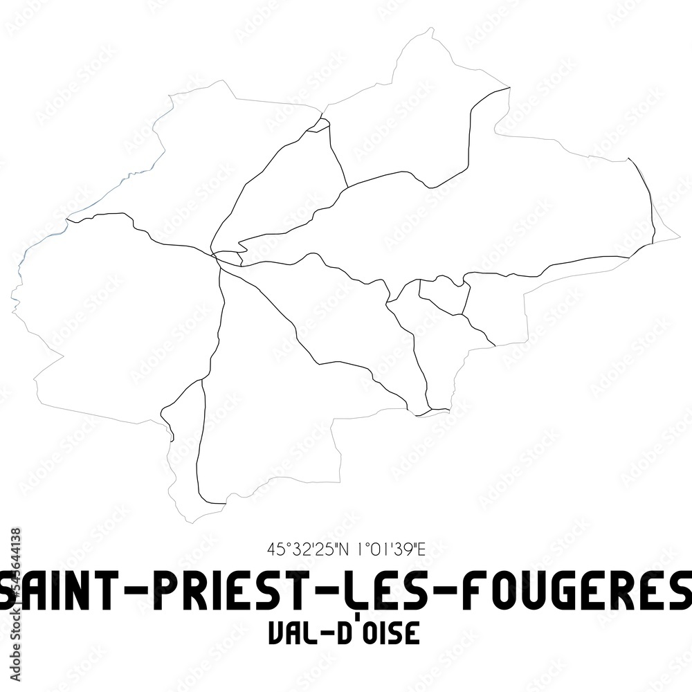 SAINT-PRIEST-LES-FOUGERES Val-d'Oise. Minimalistic street map with black and white lines.