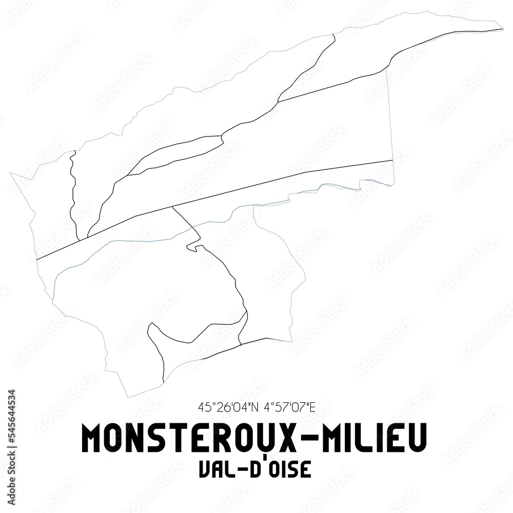MONSTEROUX-MILIEU Val-d'Oise. Minimalistic street map with black and white lines.