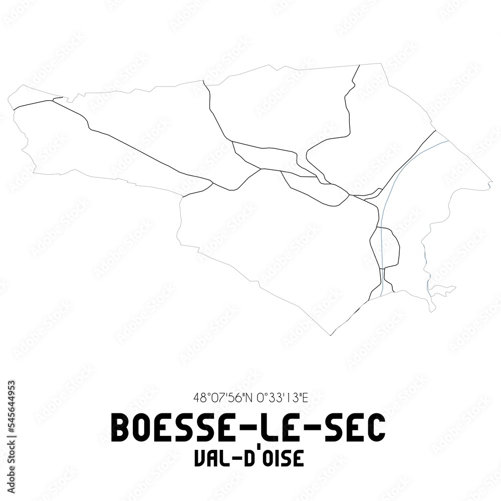 BOESSE-LE-SEC Val-d'Oise. Minimalistic street map with black and white lines. BOESSE-LE-SEC Val-d'Oise. Minimalistic street map with black and white lines.