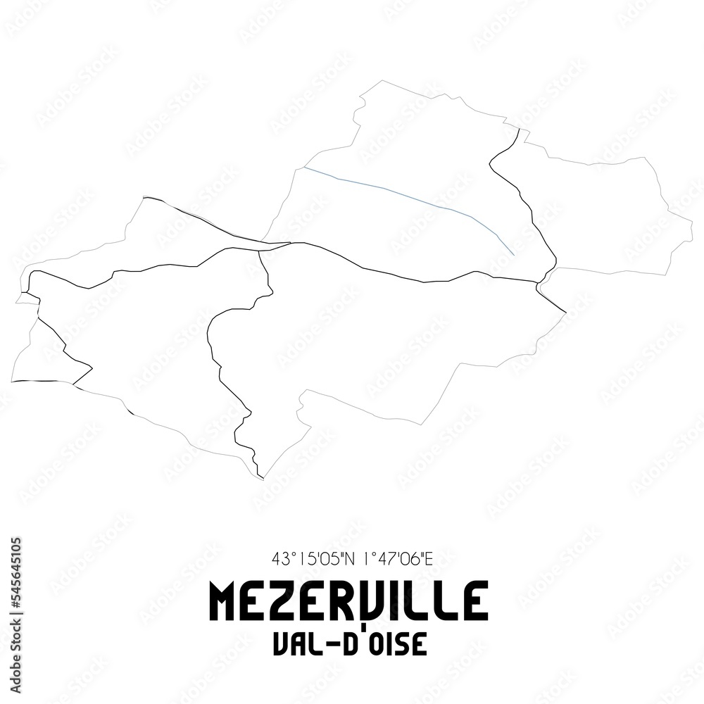 MEZERVILLE Val-d'Oise. Minimalistic street map with black and white lines.