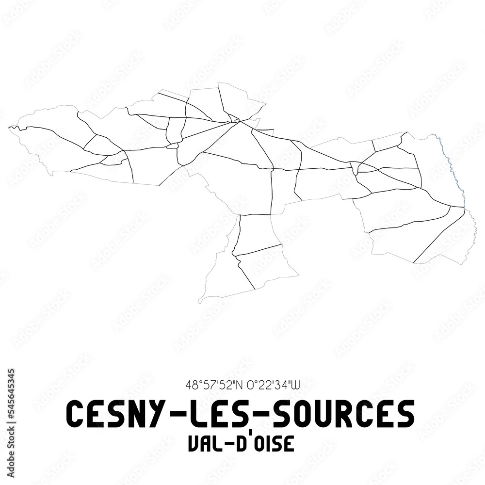 CESNY-LES-SOURCES Val-d'Oise. Minimalistic street map with black and white lines.