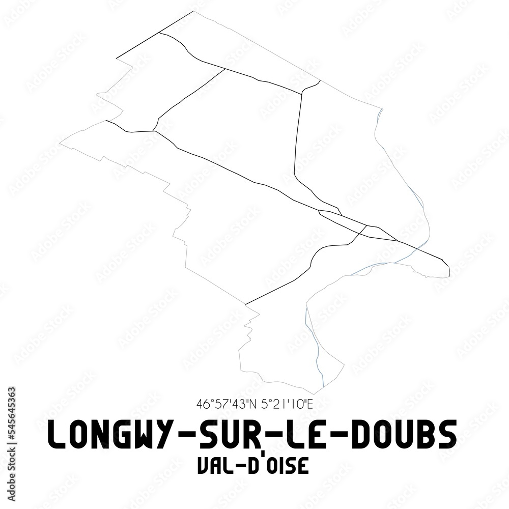 LONGWY-SUR-LE-DOUBS Val-d'Oise. Minimalistic street map with black and white lines.