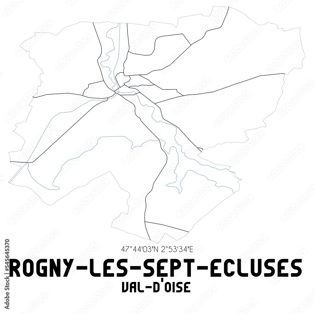 ROGNY-LES-SEPT-ECLUSES Val-d'Oise. Minimalistic street map with black and white lines.