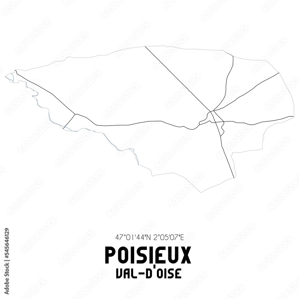POISIEUX Val-d'Oise. Minimalistic street map with black and white lines.