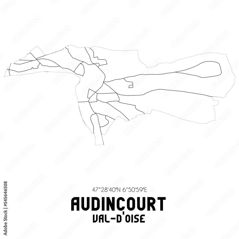 AUDINCOURT Val-d'Oise. Minimalistic street map with black and white lines. AUDINCOURT Val-d'Oise. Minimalistic street map with black and white lines.
