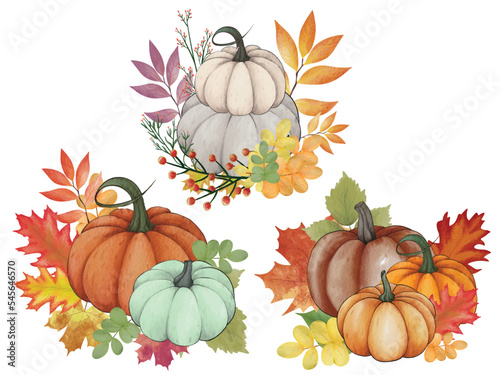 Watercolor pumpkin composition, leaves pumpkin,  Painted color clip art, autumn design elements. Fall season. Perfect graphic for Thanksgiving day, Halloween, greeting cards, posters, birthday