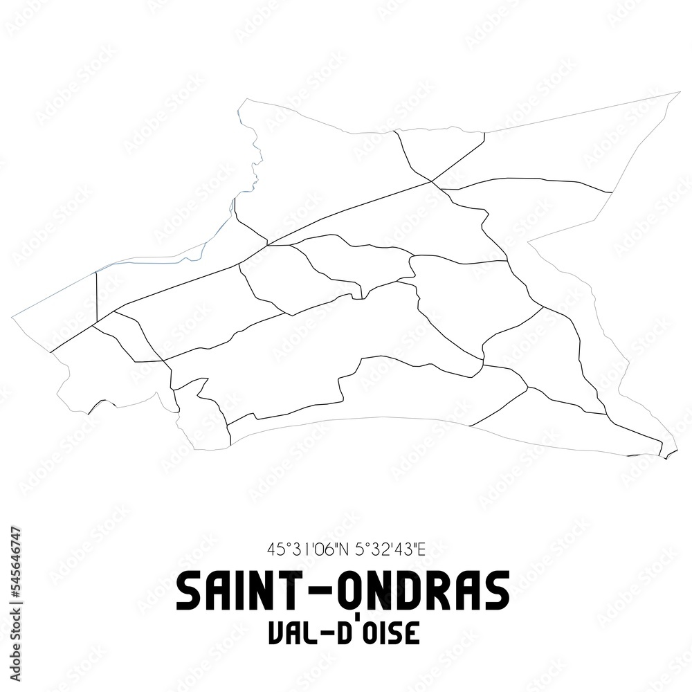 SAINT-ONDRAS Val-d'Oise. Minimalistic street map with black and white lines.