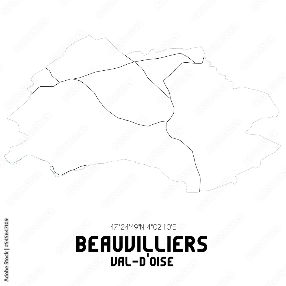 BEAUVILLIERS Val-d'Oise. Minimalistic street map with black and white lines.