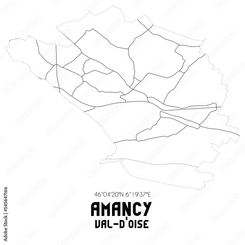 AMANCY Val-d'Oise. Minimalistic street map with black and white lines.