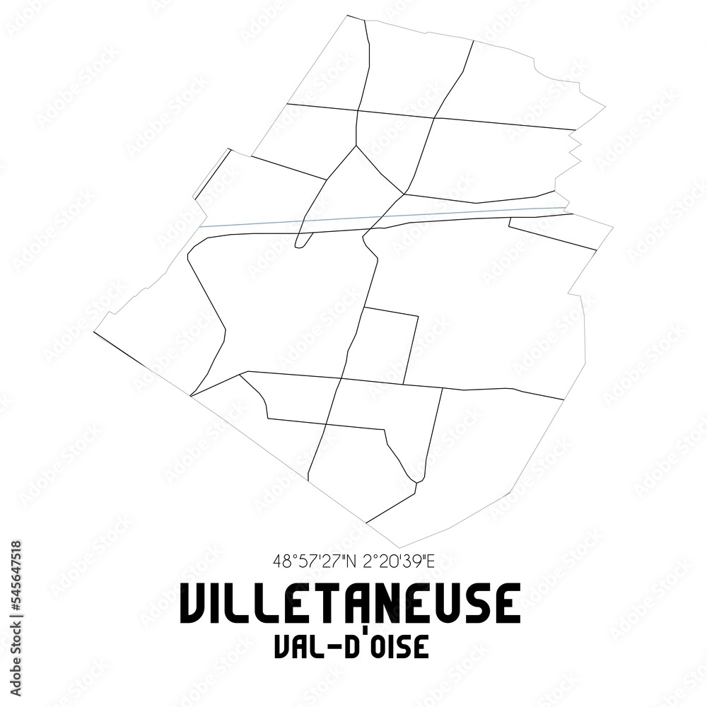 VILLETANEUSE Val-d'Oise. Minimalistic street map with black and white lines.