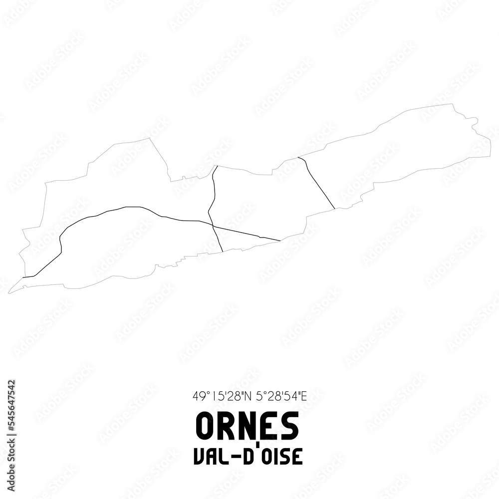 ORNES Val-d'Oise. Minimalistic street map with black and white lines.