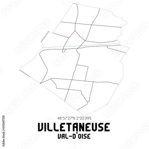 VILLETANEUSE Val-d'Oise. Minimalistic street map with black and white lines.