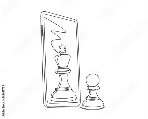Continuous one line drawing of  a queen figure and chess piece in a game of chess on mobile. Concept for online games. Smartphone with app game of chess. Continuous line 
