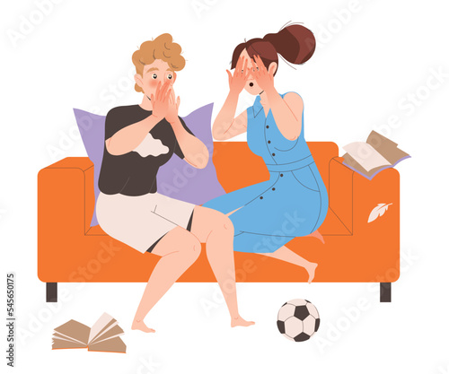 Mother and Father Character Sitting on Sofa Shocked with Mess and Chaos Around Vector Illustration