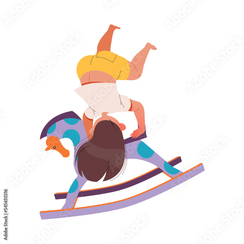 Naughty Little Girl Somersaulting on Rocking Horse Making Mess and Chaos Around Vector Illustration