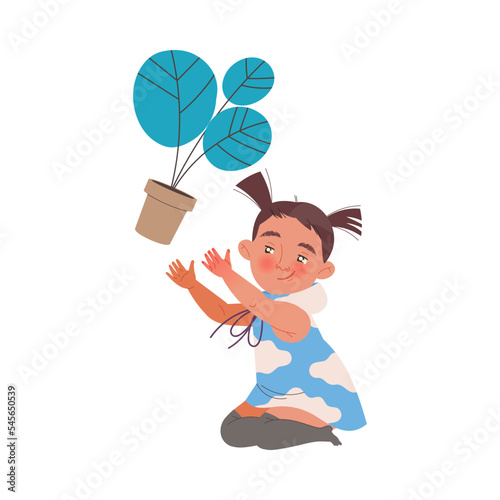 Naughty Little Girl Dropping or Throwing Flowerpot Making Mess and Chaos Around Vector Illustration