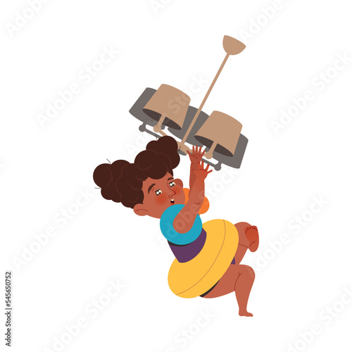 Naughty Little Girl Hanging on Lamp on Ceiling Making Mess and Chaos Around Vector Illustration