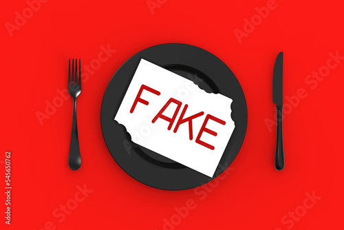 The inscription fake news on a bitten sheet of paper. Absorption of lies. paper on a plate. Counterfeit concept. Horizontal image. 3D image. 3D rendering © Maksym Om