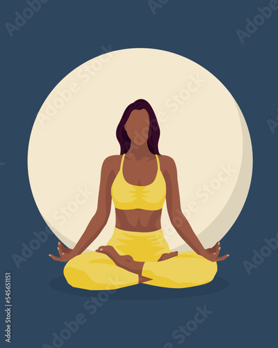 Afro american black girl doing yoga pilates gymnastics sport in yellow sport form in faceless style on dark blue background with circle for banners 