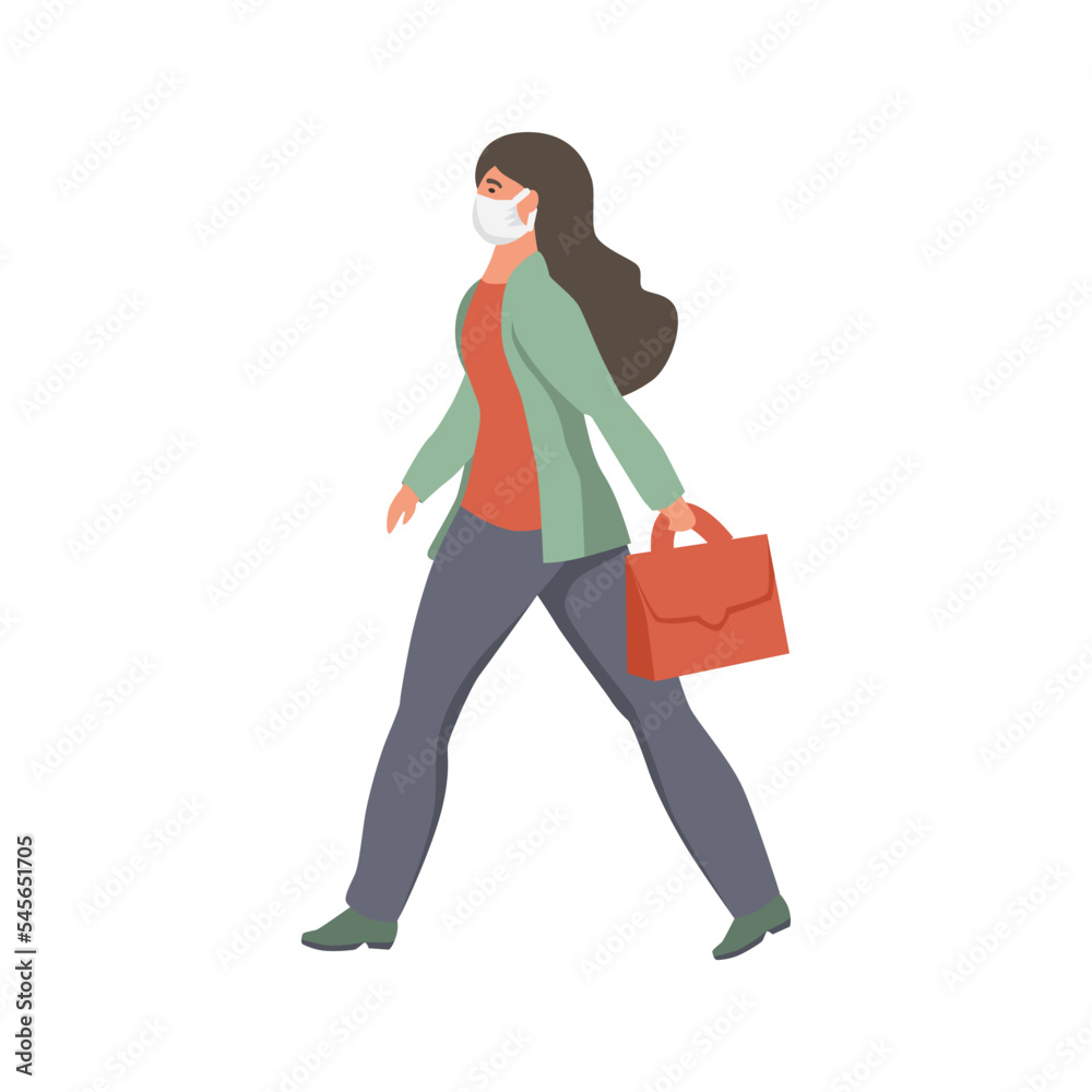 A woman with a mask on her face walks. Flat vector illustration