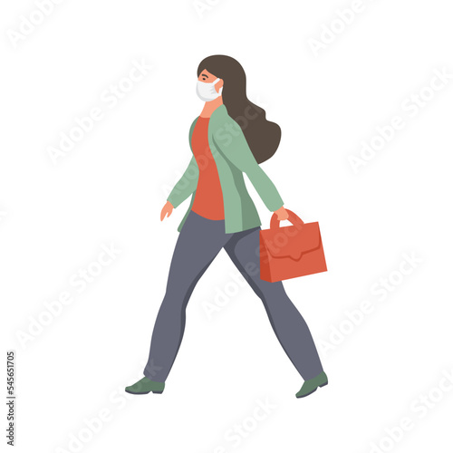 A woman with a mask on her face walks. Flat vector illustration