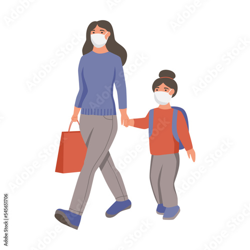 A woman with her daughter in masks on her face walking.  Flat vector illustration