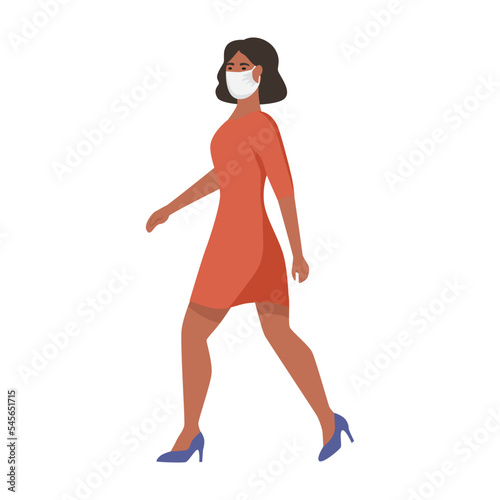 A woman with a mask on her face walks. Flat vector illustration