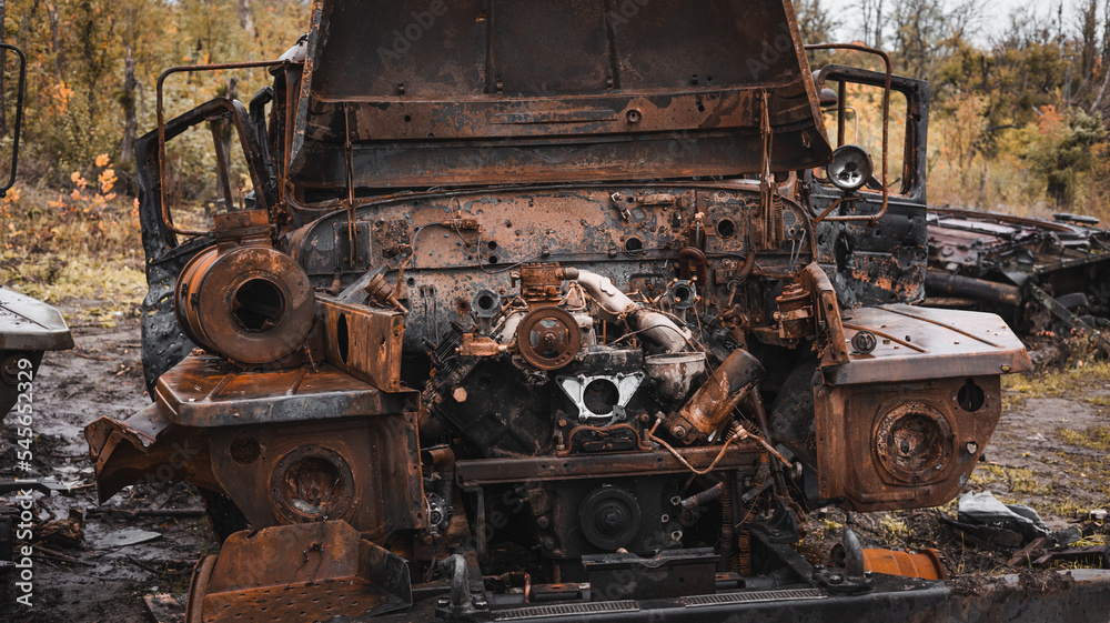 War in Ukraine, destroyed military truck, front view, Izyum Kharkiv region